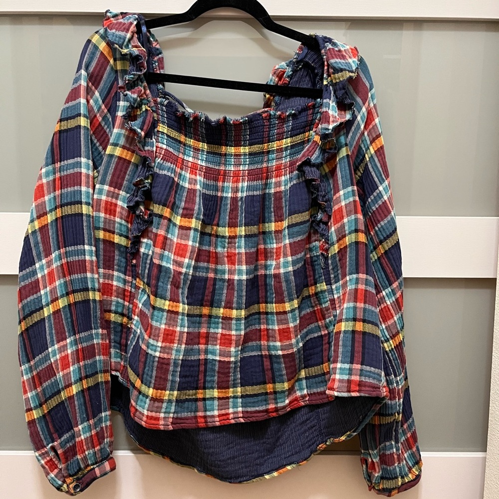 We The Free Plaid Smocked Navy Red Yellow Green Blouse